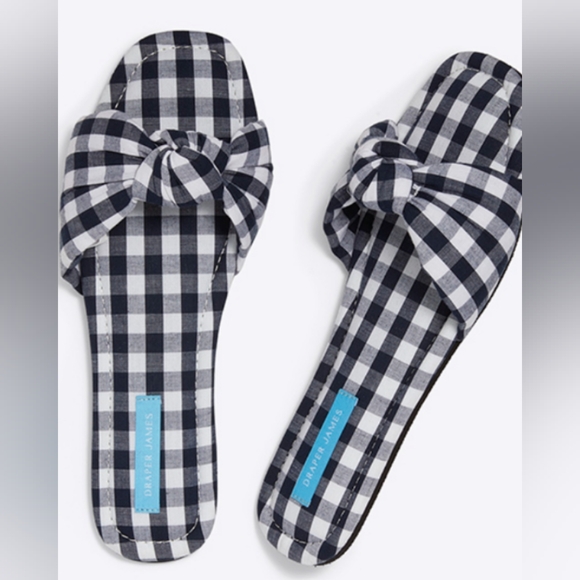 NWT Sz M 7-8 Draper James Abbie Slippers Nassau Navy White Gingham Knot Slide - Picture 1 of 5